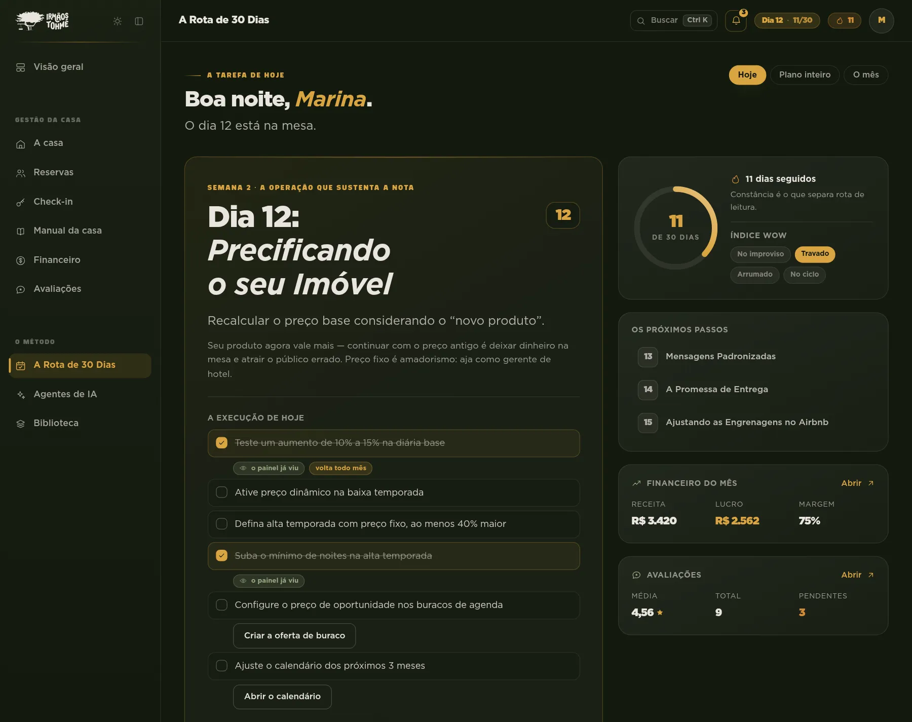 A Rota de 30 Dias no Sistema WoW, com a tarefa do dia 12, Precificando o seu Imóvel, o checklist de execução marcável, a sequência de dias seguidos e a faixa do Índice WoW.